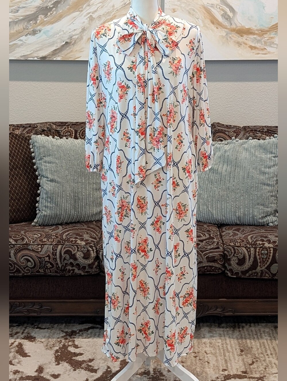 Floral Bow Tie Maxi Dress in White and Coral